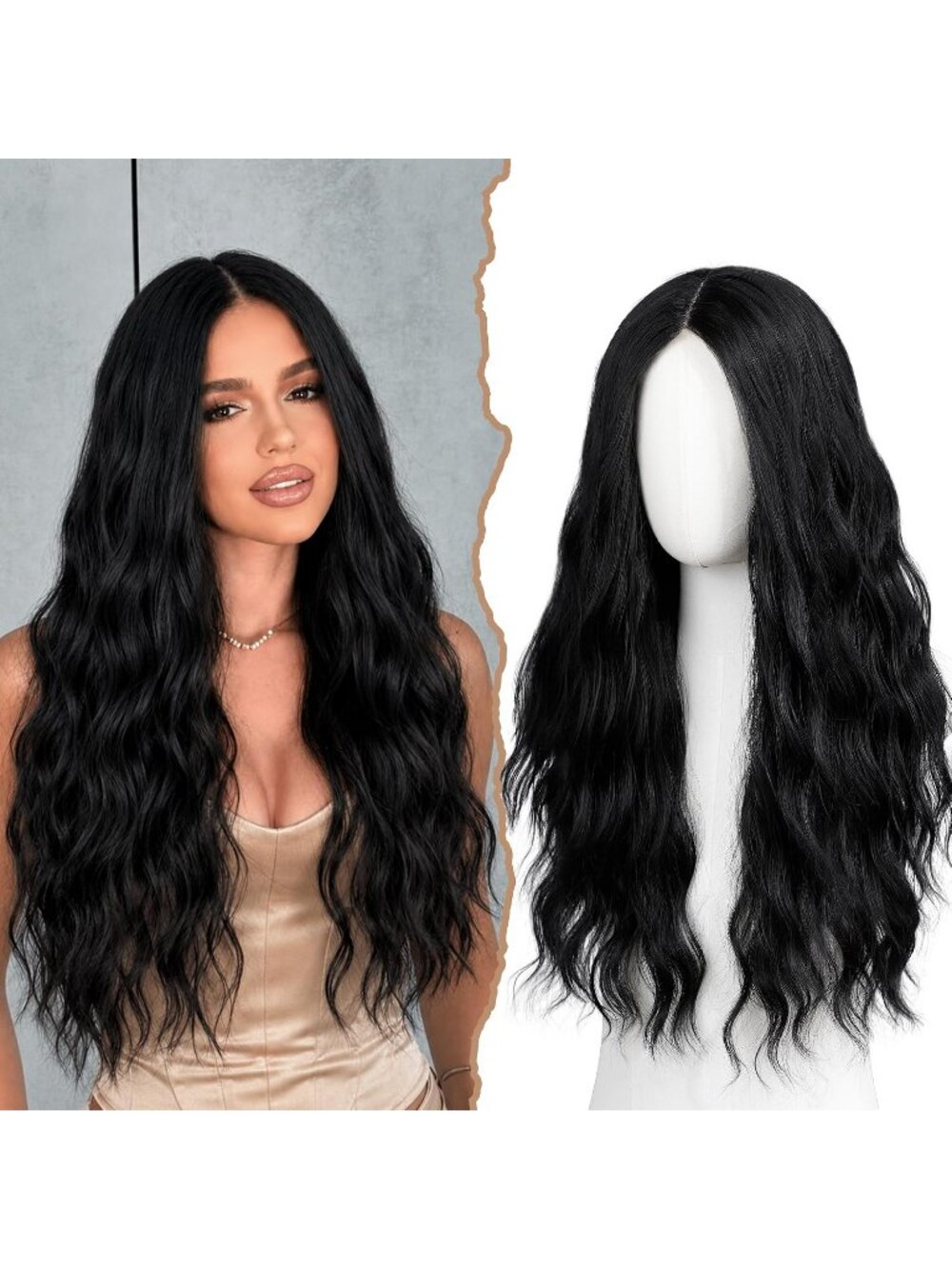 Women's Black 26 Inch Long Synthetic Middle Part Lace Front Wavy Wig
